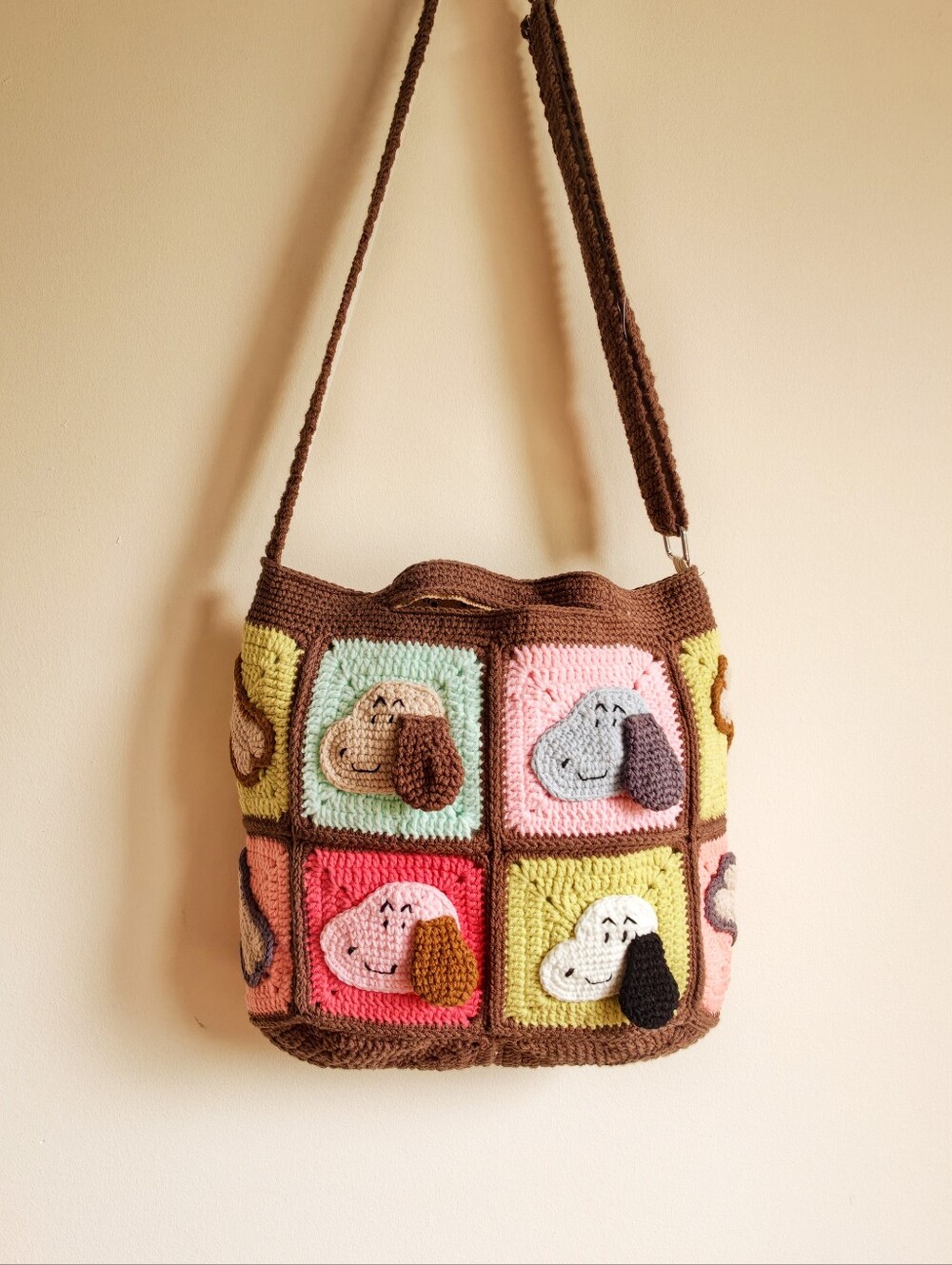 Handmade Multicolor Crochet Dog Patchwork Shoulder Bag